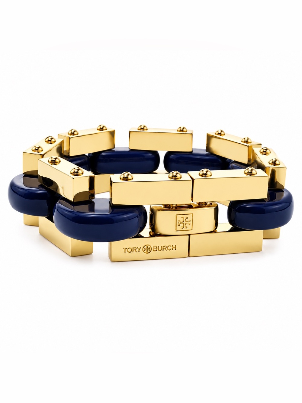Tory Burch Chunky Statement Gold Tone Chain Bracelet in Blue Enamel Inlay.